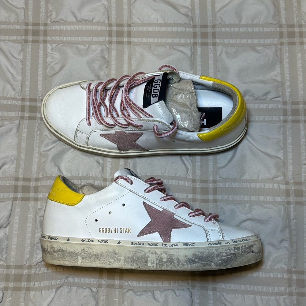 Golden Goose White and Yellow Sneakers with Pink Star